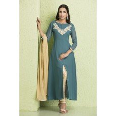 CTL-120 BLUE AND GOLDEN CHIFFON, GEORGETTE AND JUTE READY TO WEAR SUIT